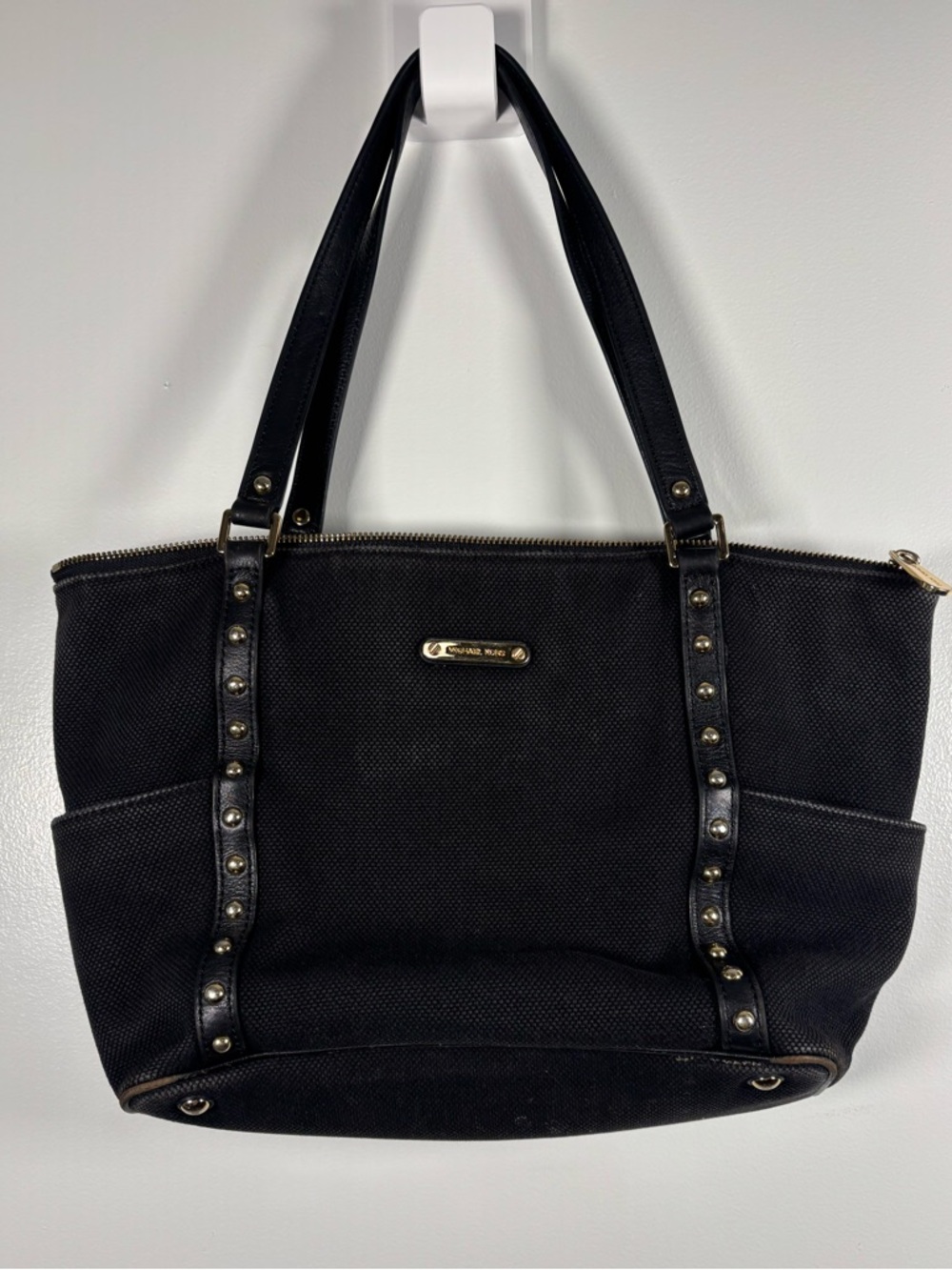 Michael Kors Black Canvas Tote with Studded Gold Trim side pockets